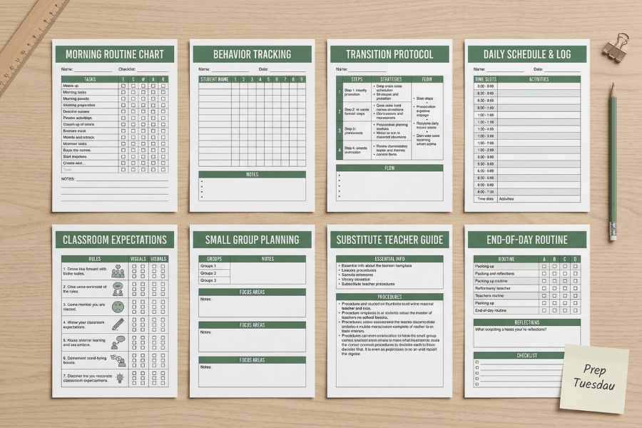 35+ printable templates included in The Kindergarten Teacher's Survival Kit - morning routine charts, behavior tracking, transition protocols, daily schedules, and more